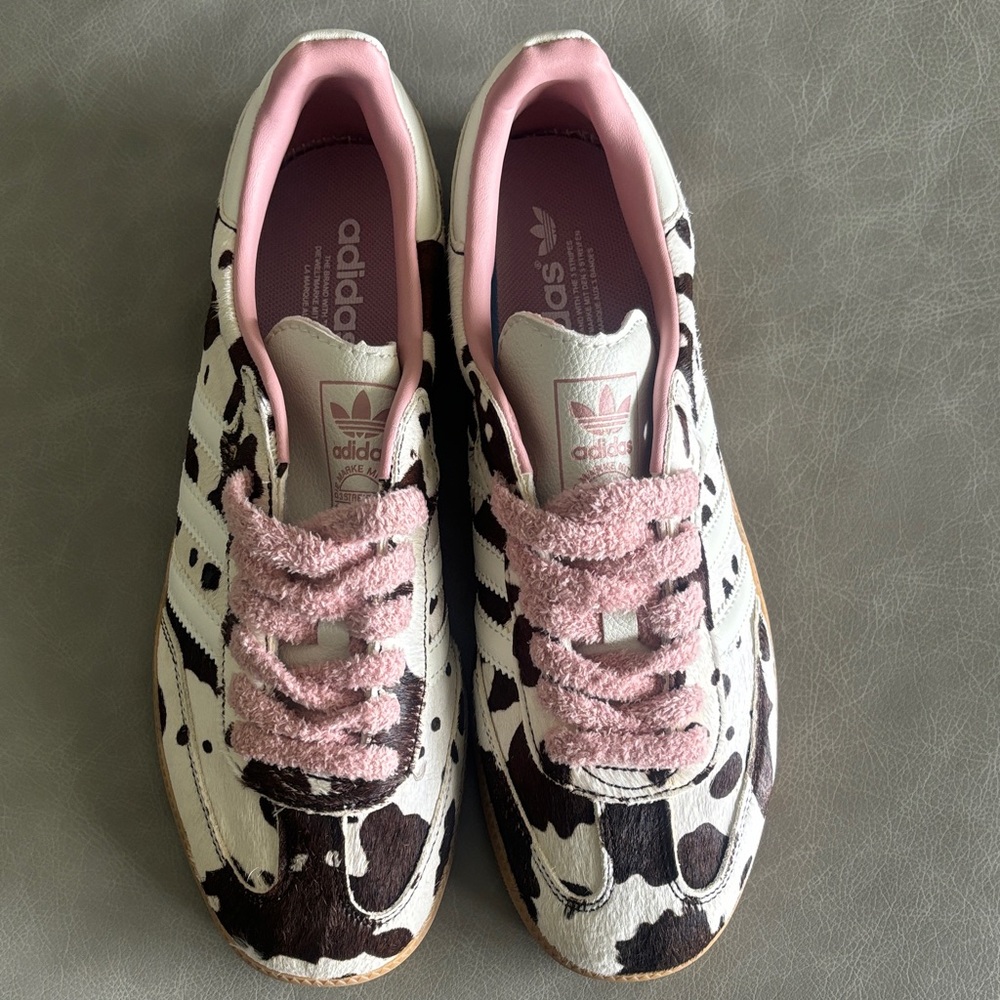 adidas Black & White Cow Print Sneakers with Pink Details